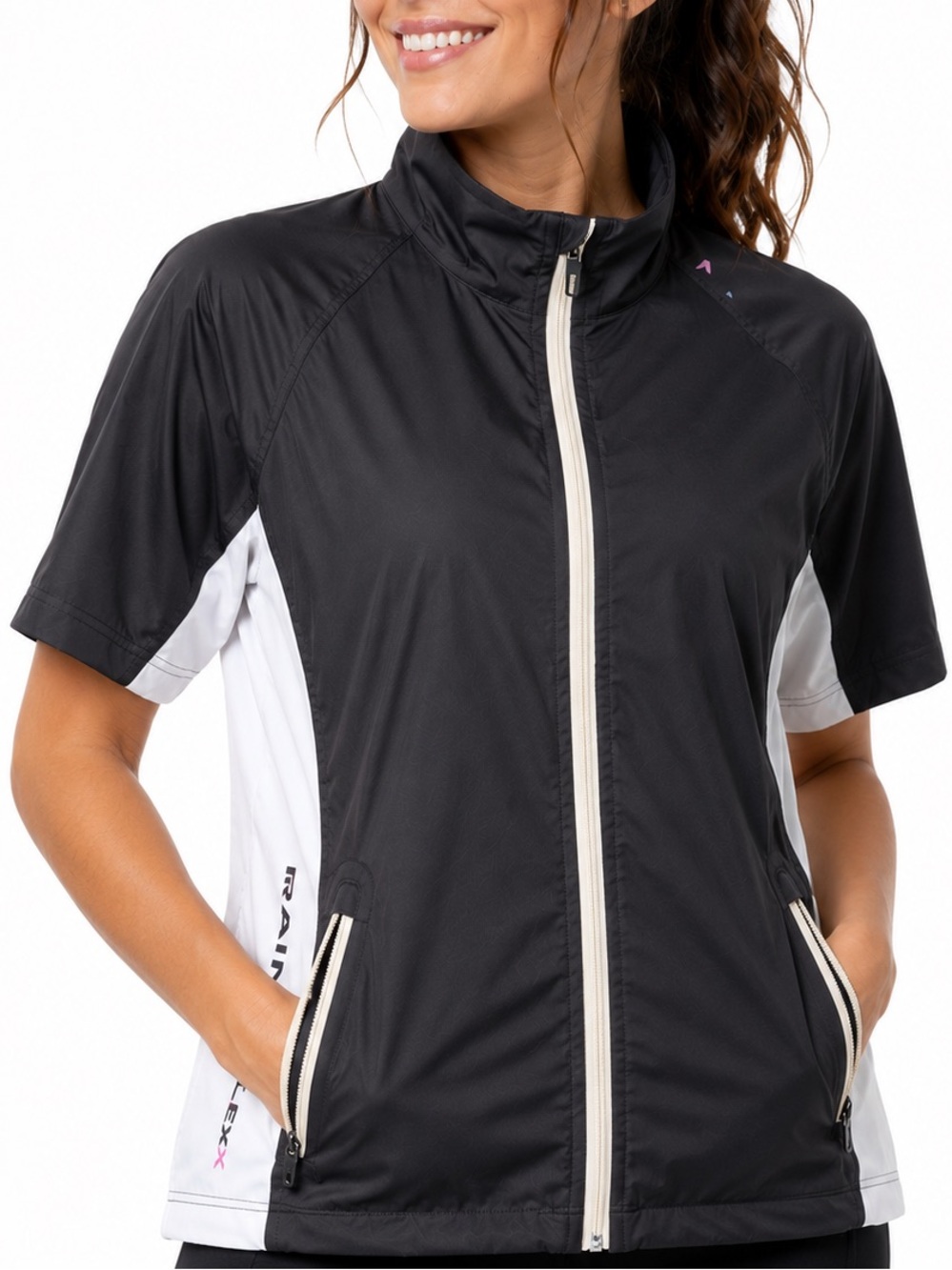 Sun Mountain Rainflex Zip Up Golf Jacket Womens L Black/White Waterproof Stretch